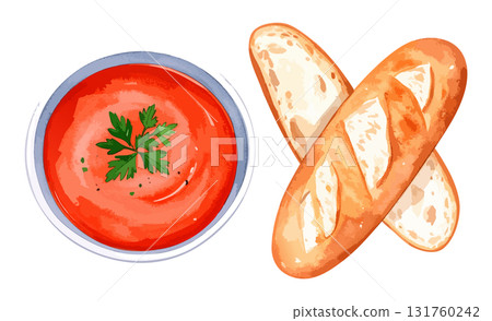 番茄湯和法國麵包水彩插圖集-AI生成 131760242