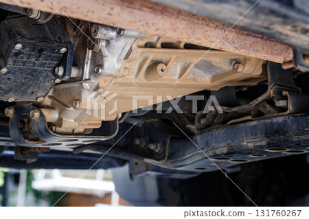 The suspension of a four-wheel drive pickup truck that has been used for rough use The suspension of a four-wheel drive pickup truck that has been used for rough use 131760267
