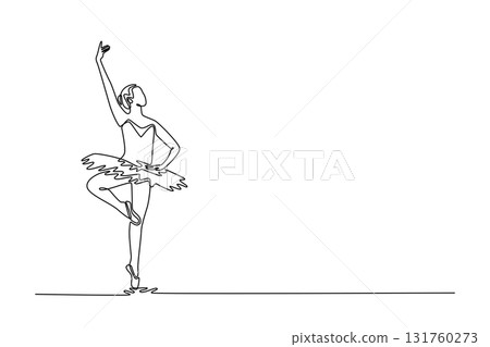 Single one line drawing ballerina balancing perfectly posture with one leg raised and arm extended skyward, core strength and vertical grace. Continuous line draw design graphic vector illustration 131760273