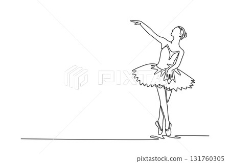 Single continuous line drawing ballerina balancing en pointe with her arm extended in a graceful gesture, moment of perfect balance, directional focus. One line draw graphic design vector illustration Single continuous line drawing ballerina balancing en pointe with her arm extended in a graceful gesture, moment of perfect balance, directional focus. One line draw graphic design vector illustration 131760305