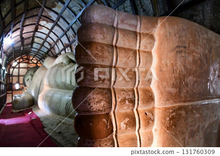 Myanmar, Bagan, Sinbinthalyaung, Reclining Buddha Myanmar, Bagan, Sinbinthalyaung, Reclining Buddha 131760309