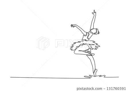 Single continuous line drawing ballerina balancing on one foot en pointe with her arms extended, moment of grace and perfect technical balance. Dynamic one line draw graphic design vector illustration 131760391