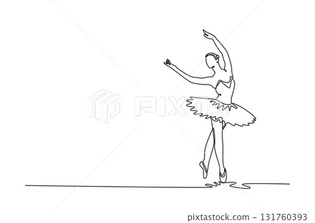 Single one line drawing ballerina balancing en pointe with her arms raised in graceful port de bras, perfect balance, vertical elegance of pose. Continuous line draw design graphic vector illustration 131760393