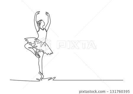 Single continuous line drawing ballerina balancing perfectly pointe with one leg raised and both arms gracefully extended overhead, elegance control. One line draw graphic design vector illustration 131760395