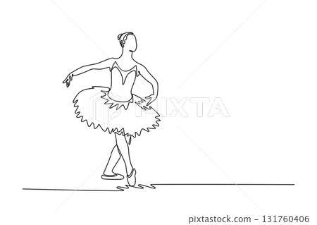 Single continuous line drawing ballerina in tutu, balancing en pointe with her arms extended wide in cross-legged position, classical elegance. Dynamic one line draw graphic design vector illustration Single continuous line drawing ballerina in tutu, balancing en pointe with her arms extended wide in cross-legged position, classical elegance. Dynamic one line draw graphic design vector illustration 131760406