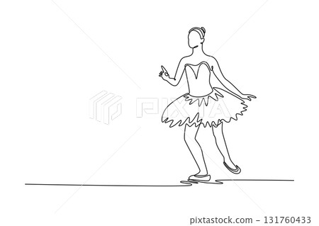 Single continuous line drawing attractive ballerina in a graceful, dynamic traveling step, with arms extended in a fluid and expressive motion. Dynamic one line draw graphic design vector illustration 131760433