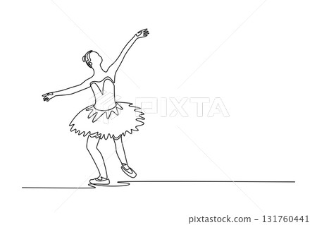 Continuous one line drawing ballerina in low, graceful stance with her arms extended, moment of flowing transition or deep plie in her performance. Single line draw design vector graphic illustration 131760441