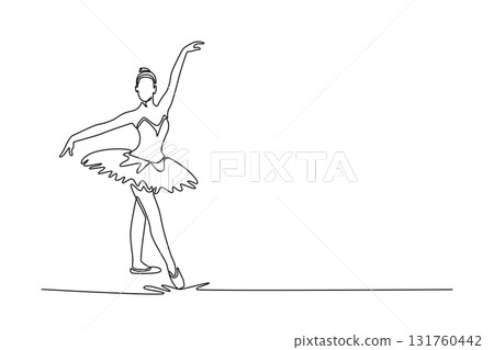 Continuous one line drawing ballerina in a graceful, flowing step with one arm extended high and the other low, moment balanced transition in dance. Single line draw design vector graphic illustration Continuous one line drawing ballerina in a graceful, flowing step with one arm extended high and the other low, moment balanced transition in dance. Single line draw design vector graphic illustration 131760442
