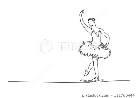 Continuous one line drawing ballerina balancing en pointe or demi-pointe with one leg raised and arm extended skyward, vertical elegance, control. Single line draw design vector graphic illustration 131760444