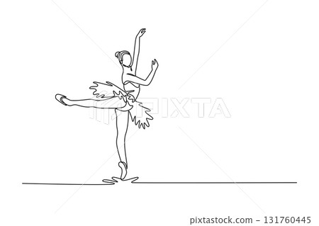 Continuous one line drawing ballerina balancing on one foot en pointe with her leg extended behind her and arms raised, a graceful arabesque pose. Single line draw design vector graphic illustration 131760445