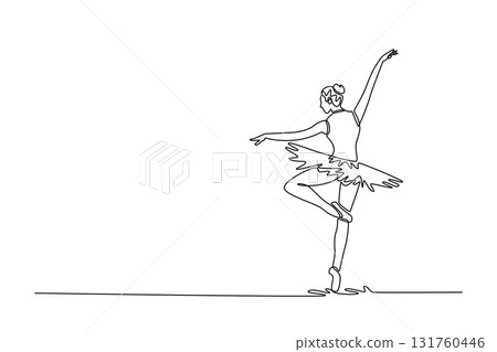 Continuous one line drawing back view of ballerina balancing on one foot en pointe and one leg raised, executing a turn or an arabesque variation. Single line draw design vector graphic illustration 131760446