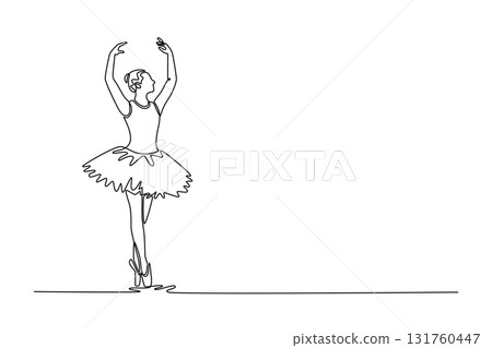 Continuous one line drawing ballerina balancing perfectly pointe with both arms gracefully curved and extended overhead, serene vertical elegance. Single line draw design vector graphic illustration 131760447
