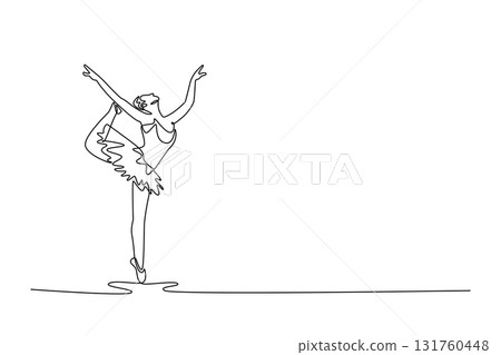 Single continuous line drawing ballerina balancing en pointe while holding her leg high over her head, extreme flexibility and technical skill of art. One line draw graphic design vector illustration 131760448