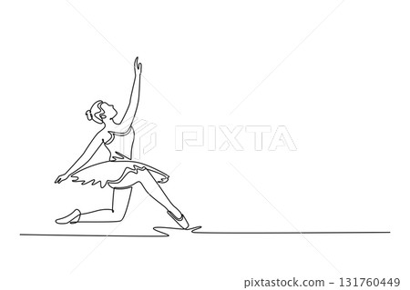 Single one line drawing young ballerina in a graceful, deep lunge with one hand reaching high, extension and grounded focus of the pose. Modern continuous line draw design graphic vector illustration 131760449