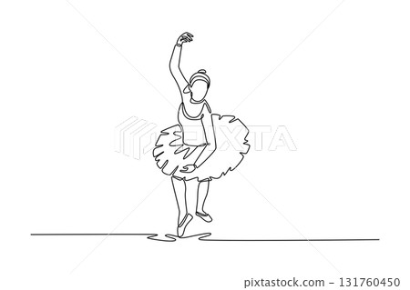 Single one line drawing beauty ballerina in classic, elegant pose, balancing en pointe with one arm raised and wearing traditional tutu. Modern continuous line draw design graphic vector illustration 131760450