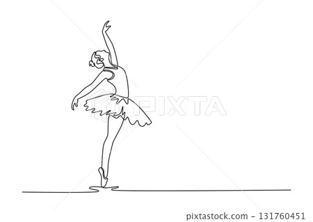 Single one line drawing ballerina balancing en pointe with her body arched back, her leg extended behind her in graceful arabesque pose. Modern continuous line draw design graphic vector illustration 131760451