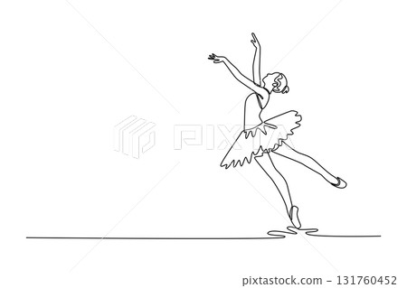 Single one line drawing ballerina balancing en pointe with her body gracefully arched back and arms extended, moment of soaring elegance. Modern continuous line draw design graphic vector illustration 131760452