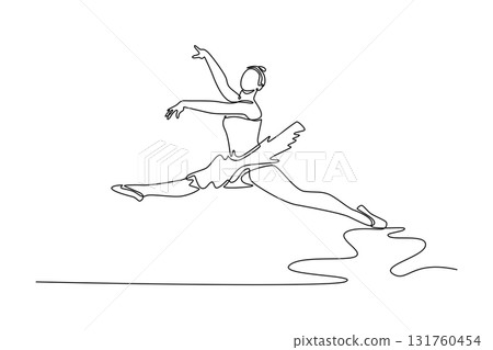 Single one line drawing ballerina in mid-air pose, performing a powerful split leap with arms raised, dynamism and grace of the movement. Modern continuous line draw design graphic vector illustration 131760454