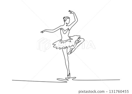 Continuous one line drawing ballerina balancing perfectly pointe with one leg raised, her arms gracefully extended, vertical elegance and control. Single line draw design vector graphic illustration Continuous one line drawing ballerina balancing perfectly pointe with one leg raised, her arms gracefully extended, vertical elegance and control. Single line draw design vector graphic illustration 131760455