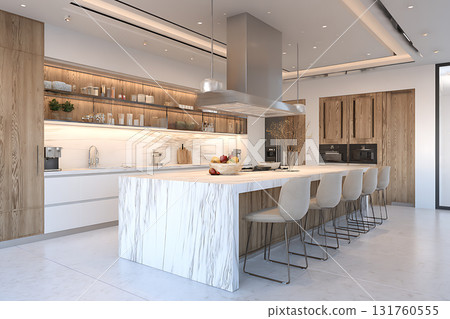 A sophisticated space with a modern kitchen interior and white marble counter 131760555