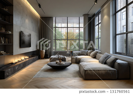 Modern living room with warm atmosphere and large windows 131760561