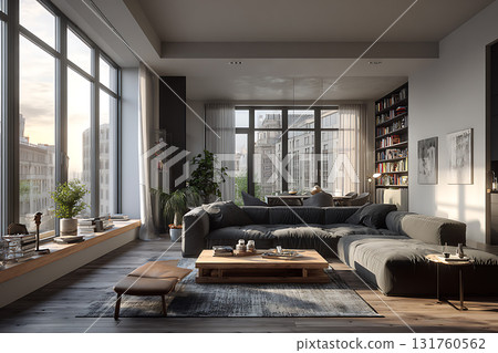 現代客廳享有摩天大樓的景色 現代客廳享有摩天大樓的景色 131760562