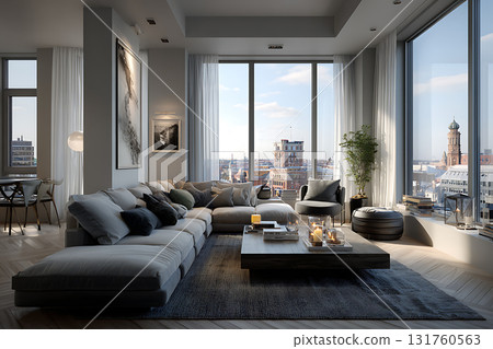 從現代客廳的窗戶可以欣賞城市景觀 131760563