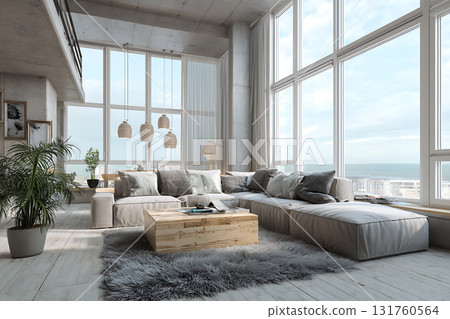 現代高層公寓明亮的客廳室內設計 131760564
