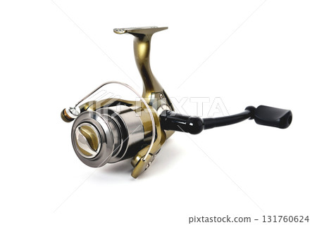 gold color fishing reel on a white background gold color fishing reel on a white background 131760624