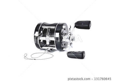 Black inertial reel cartoon with coiled cord isolate Black inertial reel cartoon with coiled cord isolate 131760645