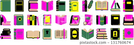 pixelated grid of book icons in 8bit style with magenta green yellow and black blocks showing open and closed books 131760674