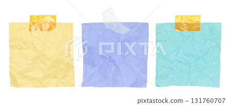 Set of crumpled note papers attached with adhesive tape isolated on transparent background 131760707
