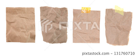 Set of wrinkled and ripped kraft paper sheets isolated on transparent background 131760710
