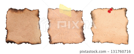 Set of vintage torn paper with burned edges isolated on transparent background Set of vintage torn paper with burned edges isolated on transparent background 131760716