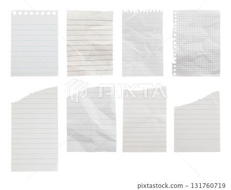 Set of torn and wrinkled notebook sheets isolated on transparent background Set of torn and wrinkled notebook sheets isolated on transparent background 131760719