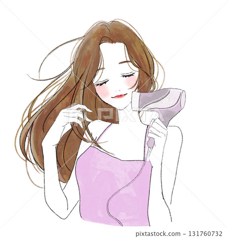 Watercolor illustration of a woman using a hair dryer 131760732
