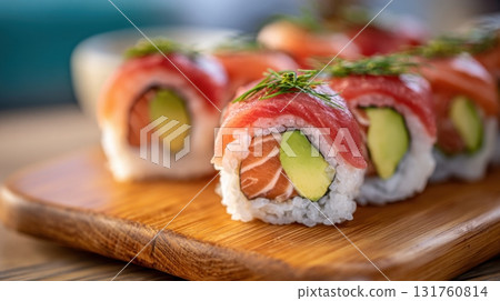 Sushi rolls on wood platter Sushi rolls on wood platter 131760814