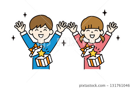 Cute children's upper body vector illustration set, celebrating winning a gift 131761046