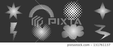 Halftone white abstract geometric set dotted y2k trendy decoration. Gradient retro pixel, grain effect. Pop art style dotted hearts, isolated on white Halftone white abstract geometric set dotted y2k trendy decoration. Gradient retro pixel, grain effect. Pop art style dotted hearts, isolated on white 131761137