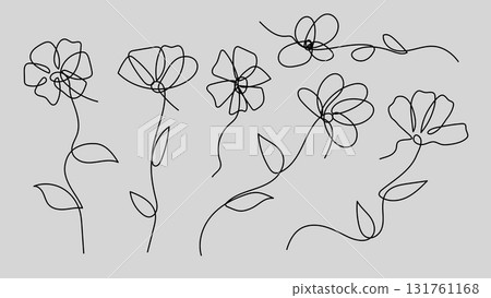 Flowers One Continuous Line Art. Hand Drawn Botanical Floral Drawing Set. Vector Illustration. Flowers One Continuous Line Art. Hand Drawn Botanical Floral Drawing Set. Vector Illustration. 131761168