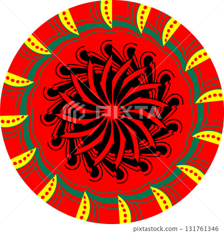 circular mandala design with black spiral core red rings yellow teardrops and green band in bold symmetrical layout circular mandala design with black spiral core red rings yellow teardrops and green band in bold symmetrical layout 131761346