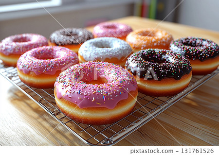 Sweet dessert. Variety of bright donuts on a display stand. Glazed donuts. Sweet topping food. 131761526