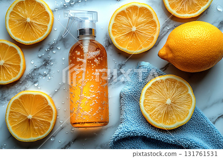 Brand friendly. Minimalist flat lay cleaning concept. Single spray bottle, microfiber cloth and lemon on a white marble background. Brand friendly. Minimalist flat lay cleaning concept. Single spray bottle, microfiber cloth and lemon on a white marble background. 131761531