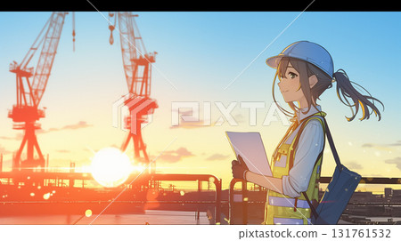 黃昏時分在港口工作的漂亮動漫女孩工程師——充滿希望的現場主管 131761532