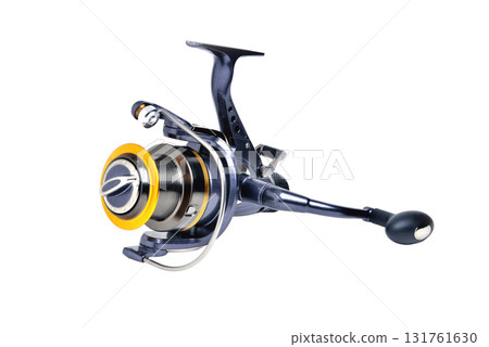 Coil for fishing inertial blue color on white background close-up isolate 131761630
