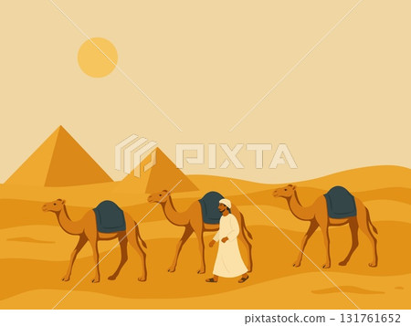 Egyptian man and camel walking through the desert Egyptian man and camel walking through the desert 131761652