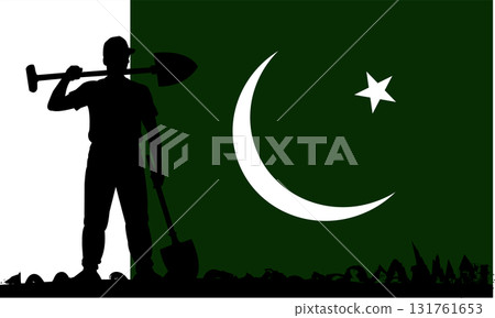 Labor Day in Pakistan Honoring the Hard Work of Laborers with National Flag Silhouette and Farming Tools Scene 131761653