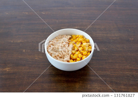Tuna mayonnaise corn on the table background 131761827