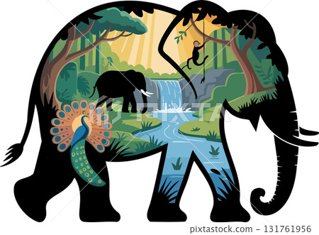 Elephant filled with vibrant forest landscape depicting wildlife connection and natural habitat diversity 131761956