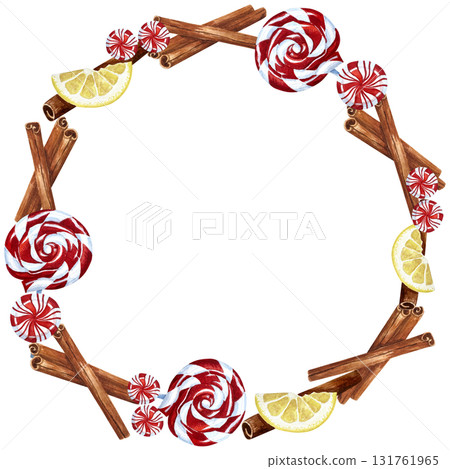 Cute Christmas Watercolor Holiday Set. Christmas tree, cute candy, lemon and cinnamon ornaments, festive decor. 131761965